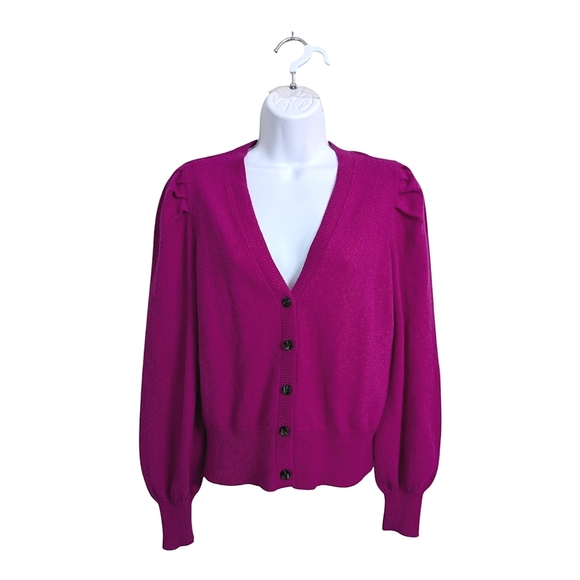 Charter Club 100% Cashmere Fuchsia Cardigan Sweater Button Front Puff Sleeve M - Picture 1 of 9